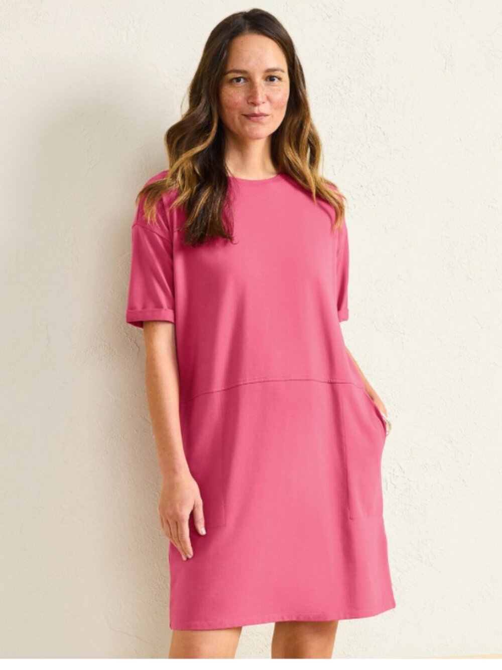 Eileen Fisher Size Petite Small Hot Pink Organic Cotton Jersey Round Neck Dress